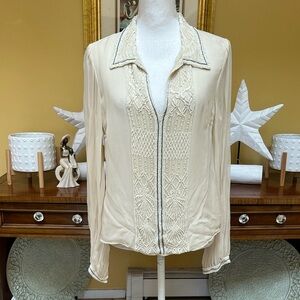 Vtg 90’s Cream Emma Black Women’s Silk Sheer Victorian Flowy Beaded Blouse Sz 10